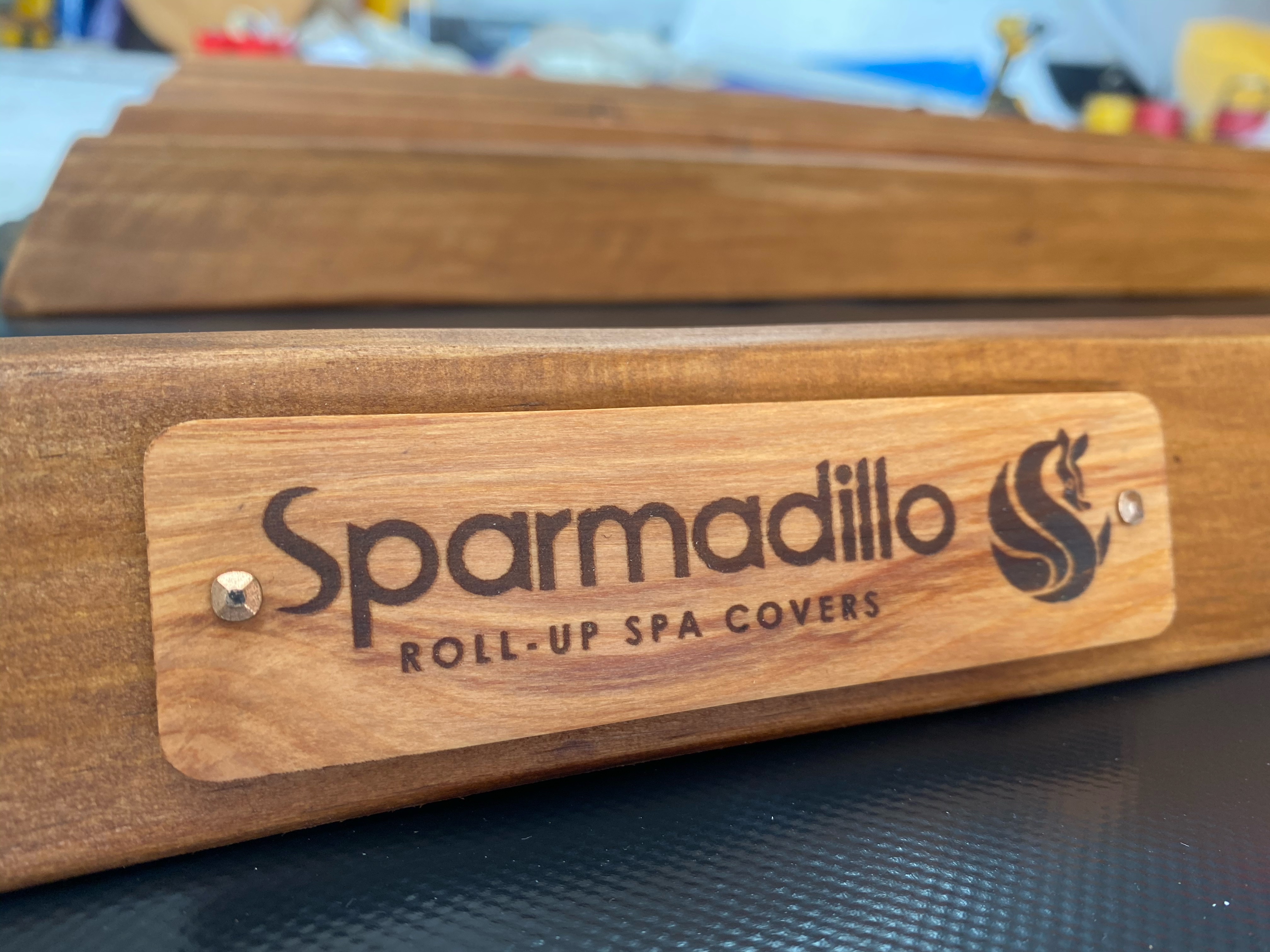 Sparmadillo| Roll Up Spa Cover| Wooden Logo